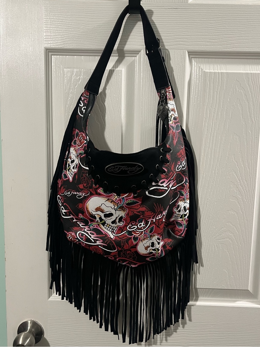 Ed Hardy Fringed Hobo Shoulder Bag. Skulls & Roses in Red white and black colors